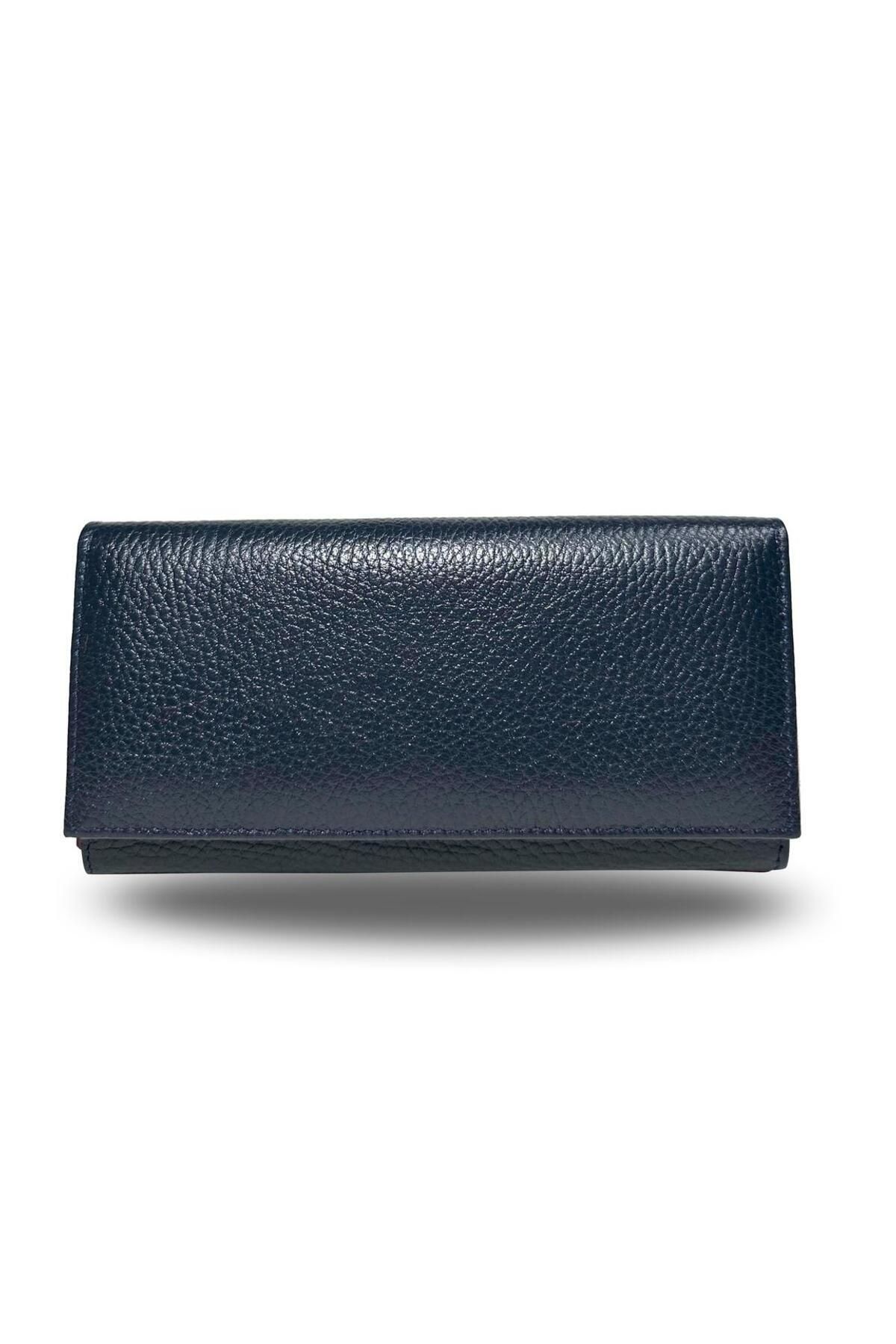 Hera Hakiki Deri Lüx Fermuarlı Kadın Cüzdan - Lacivert