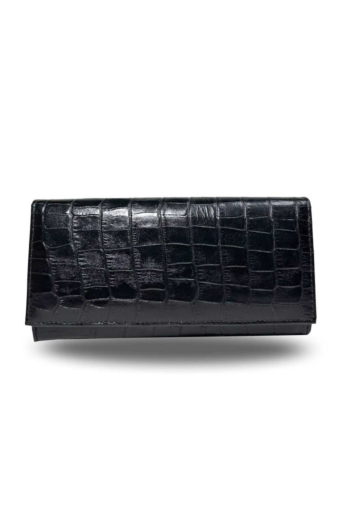Hera Hakiki Deri Lüx Fermuarlı Kadın Cüzdan - Siyah Kroko