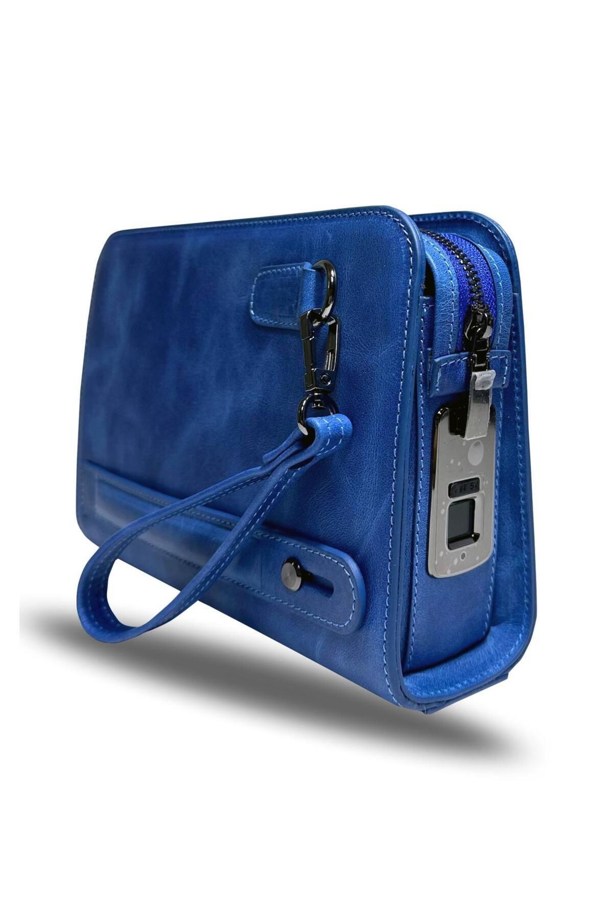 Nous – Parmak İzi Okuyuculu Hakiki Deri El Çantası - Saks Mavi